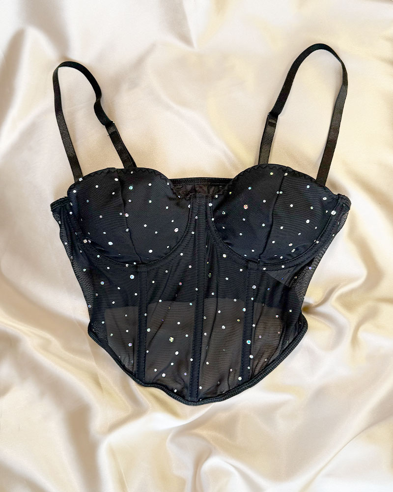 Stone Detailed Black Tulle Bustier Stone Detailed Black Tulle Bustier